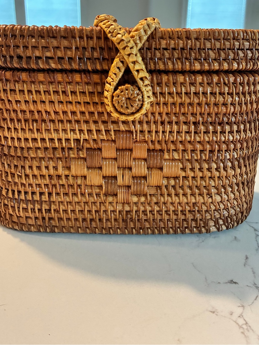 Vintage Handwoven Bali Rattan Oval Basket Bag Leather Crossbody Purse Straw